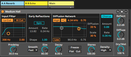 Return A с Reverb (пресет Medium Hall): Decay 8 с, Predelay 30 мс, Dry/Wet 100 %, срезы фильтра на входе включены.