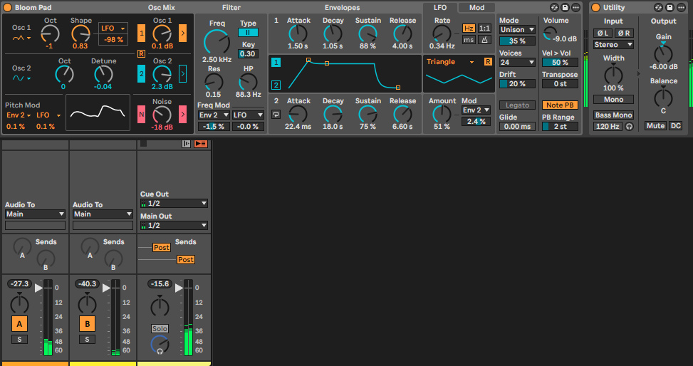 Цепочка дорожки: Drift → Utility с Gain −6 дБ; справа — уровень Main во время игры всех семи голосов.