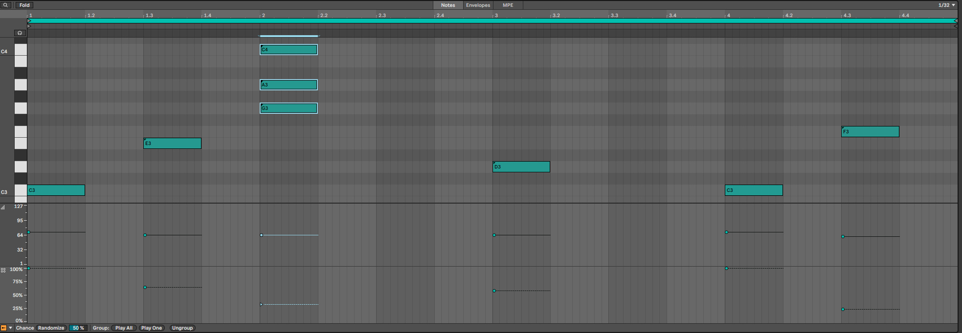 Piano Roll: три ноты G3, A3, C4 в начале второго такта объединены в группу Play One; под ними одна общая отметка Chance около 33 %.
