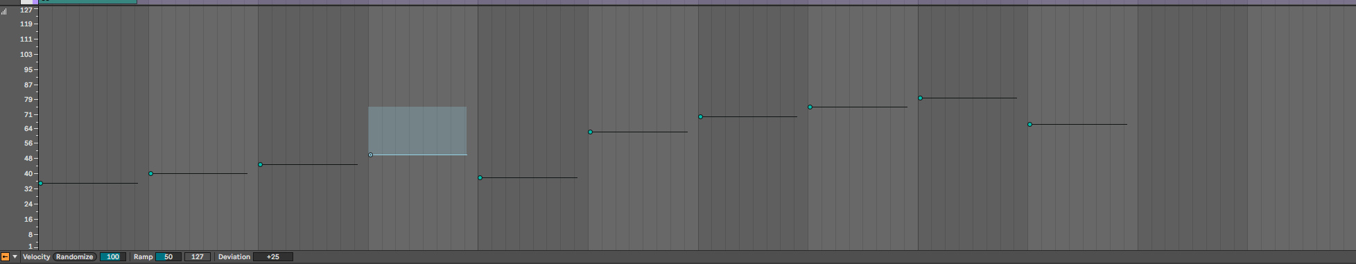 Piano Roll с полосой Velocity: у каждой ноты над маркером силы светлый прямоугольник разброса; в нижней панели поле Deviation со значением +25.