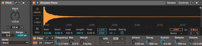 Эффект Pitch: Pitch, Use Current Scale, Lowest, Range, Mode