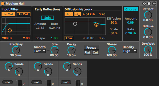 Return A с Reverb: Decay 10 с, Wet 100 %, включён Lo Cut; Send A на дорожке «Дрон»
