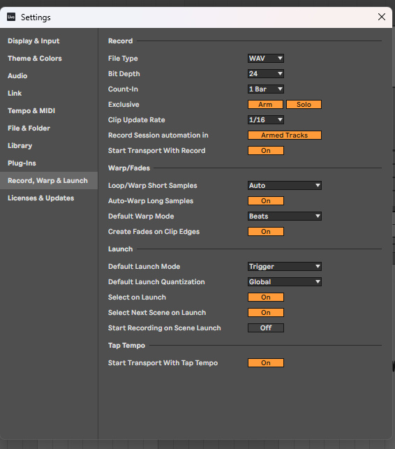 Options → Settings → Record, Warp & Launch: режим Warp по умолчанию