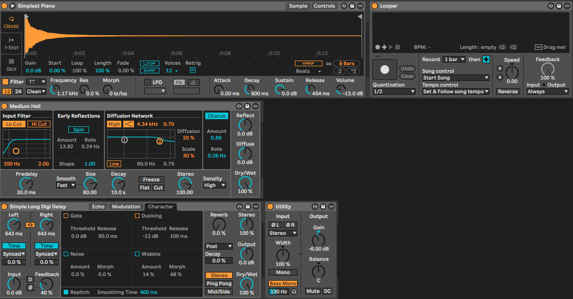Device View трека: Grand Piano и Looper после него; Return A с Reverb и Return B с Echo и Utility