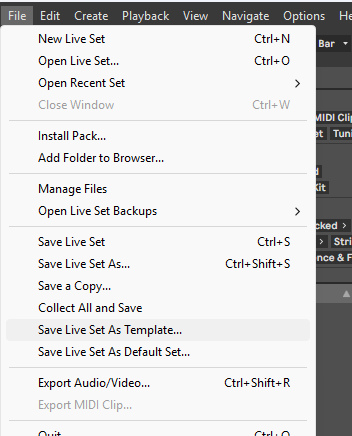 Меню File с пунктом Save Live Set As Template