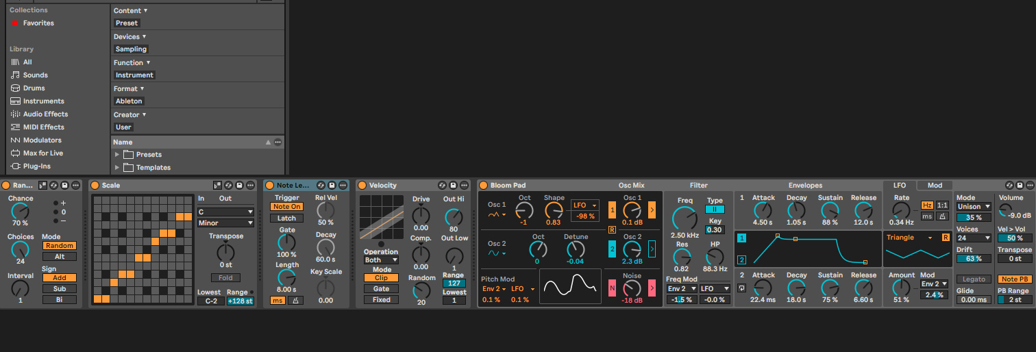 Сверху User Library в Browser с папками Presets и Templates, ниже цепочка Random, Scale, Note Length, Velocity и Drift, которую сохраняют как пресет.