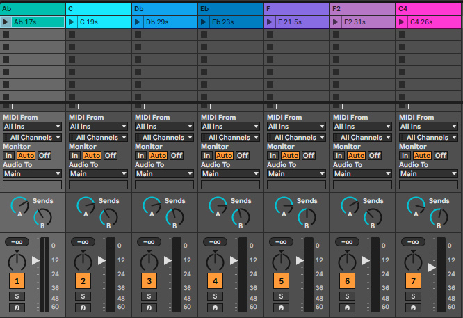 Session View Live 12.4.6, набор «Music for Airports»: семь дорожек-голосов, в каждой по одному клипу с названием, в котором указана длина; ниже — микшер с посылками A (Reverb) и B (Echo).