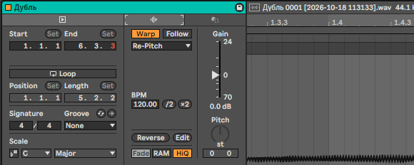Clip View аудиоклипа с замедлением: Warp, Warp Mode Re-Pitch, Seg. BPM, Transpose