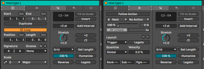 Clip View MIDI-клипа: слева вкладка Clip с Loop, справа вкладка Launch с Follow Action; пять областей с цифрами.