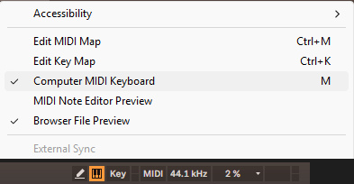 Меню Options с отмеченным пунктом Computer MIDI Keyboard (клавиша M); в Control Bar подсвечена кнопка Key.