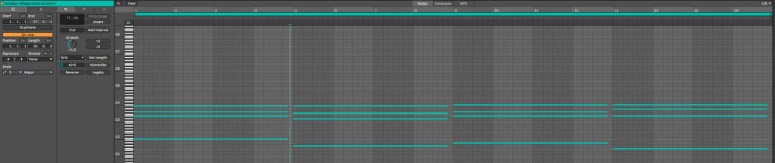 Piano Roll клипа «плавно»: четыре аккорда по четыре такта, бас C2, G1, A1, F1, правая рука рядом