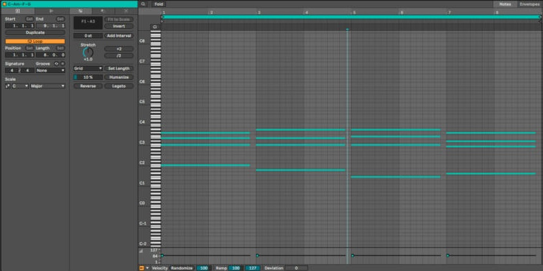 Piano Roll клипа «C–Am–F–G»: четыре аккорда по два такта, бас и три голоса