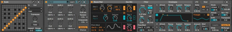 Device View трека Pad: Scale → Chord → Bloom Pad