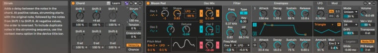 Device View: Chord с Shift 1 = +2 sd, Shift 2 = +4 sd, Strum 150 ms, включён Use Current Scale; слева Info View с описанием Strum