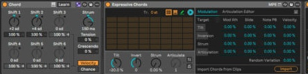 Device View: Expressive Chords с открытым Fold Out — сетка аккордов, ручки Tilt, Invert, Strum, Articulate, справа Modulation и Import Chords From Clips