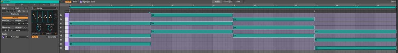 Clip View: вкладка MIDI Generative Tools, генератор Stacks с четырьмя аккордами, Root и Inversion; в Piano Roll четыре аккорда по четыре такта