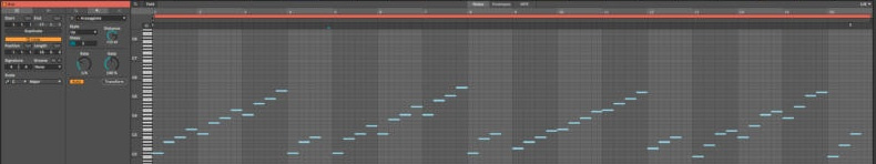 Clip View: Arpeggiate (Style Up, Distance +12 st, Steps 2, Rate 1/4, Gate 100 %) и узор четвертями в Piano Roll