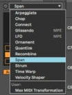 Список трансформаций Live 12.4.6: Arpeggiate, Chop, Connect, Glissando, LFO, Ornament, Quantize, Recombine, Span, Strum, Time Warp, Velocity Shaper