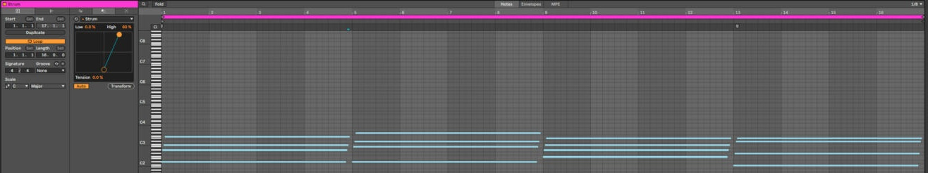Clip View: Strum с Low 0 % и High 60 %; в Piano Roll ноты каждого аккорда сдвинуты по очереди