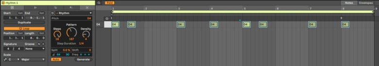 Clip View: Rhythm — Pitch D4, Steps 16, Density 4, Step Duration 1/4, Velocity 64, Accent 90, Freq 4; в Piano Roll восемь нот D4