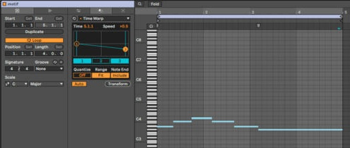 Clip View: Time Warp — кривая Speed опускается к концу клипа, Quantize Off, Range Fit, Note End Include; в Piano Roll мотив из шести нот