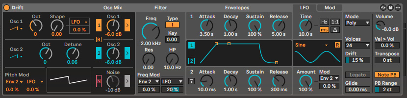Drift: LFO в режиме Time 10 s и Freq Mod LFO 20 %