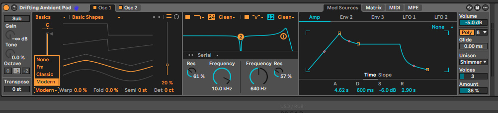 Wavetable: меню режимов эффекта